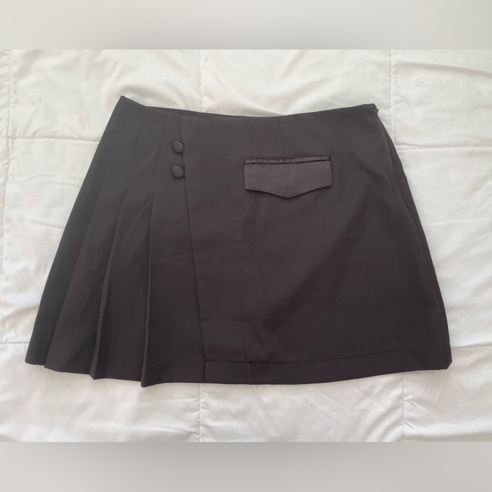 Black Pleated Mini Skort with Button Detail